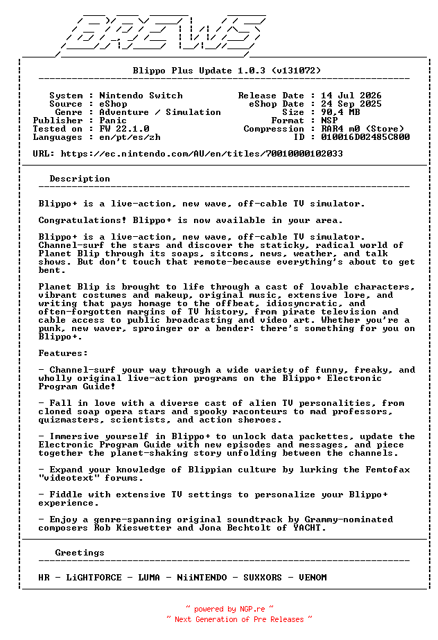 NFO for the release Blippo_Plus_Update_v1.0.3_NSW-BREWS by BREWS