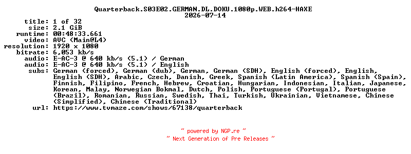 NFO for the release Quarterback.S03E02.GERMAN.DL.DOKU.1080p.WEB.h264-HAXE by HAXE