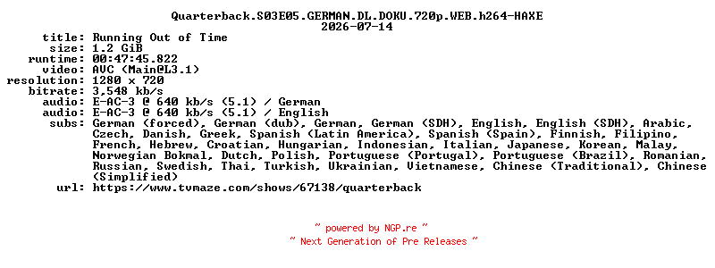 NFO for the release Quarterback.S03E05.GERMAN.DL.DOKU.720p.WEB.h264-HAXE by HAXE