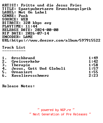 NFO for the release Fritte_Und_Die_Jesus_Fries-Spaetpubertaere_Erweckungslyrik-WEB-DE-2024-SDR by SDR