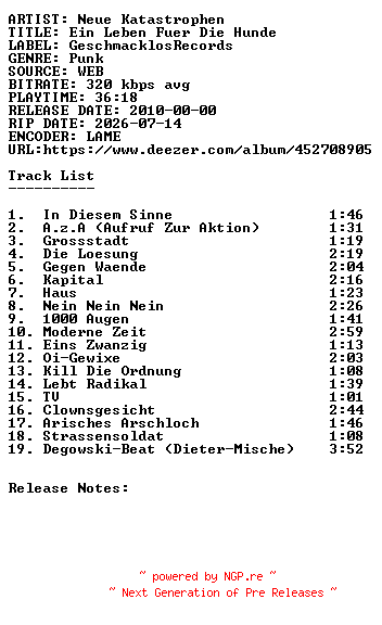 NFO for the release Neue_Katastrophen-Ein_Leben_Fuer_Die_Hunde-WEB-DE-2010-SDR by SDR