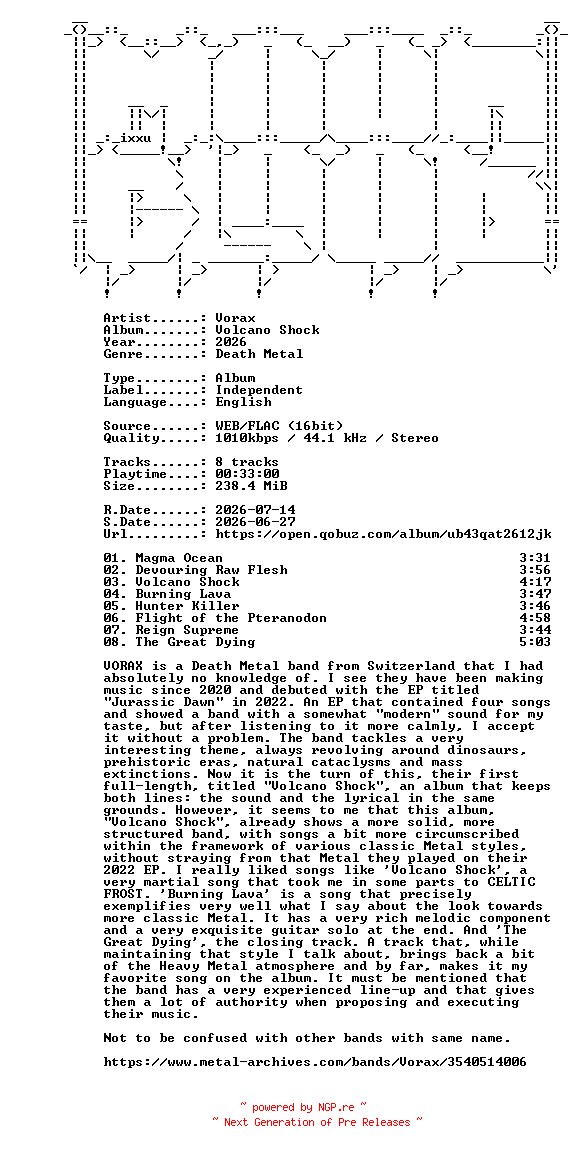 NFO for the release Vorax-Volcano_Shock-16BIT-WEB-FLAC-2026-MOONBLOOD by MOONBLOOD
