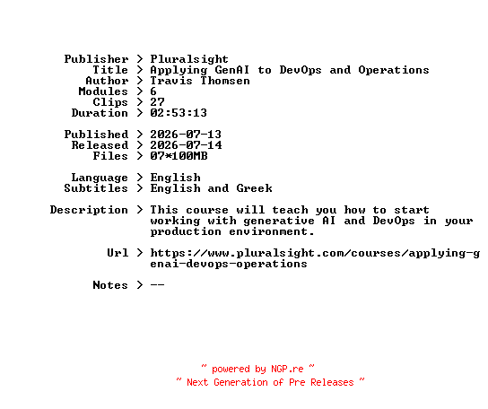 NFO for the release Pluralsight.Applying.GenAI.to.DevOps.and.Operations.2026.BOOKWARE-GETH by GETH
