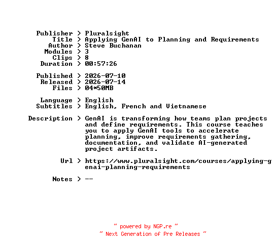 NFO for the release Pluralsight.Applying.GenAI.to.Planning.and.Requirements.2026.BOOKWARE-GETH by GETH