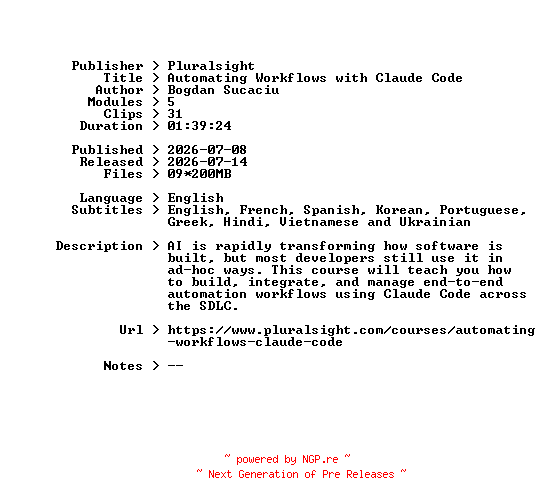 NFO for the release Pluralsight.Automating.Workflows.with.Claude.Code.2026.BOOKWARE-GETH by GETH