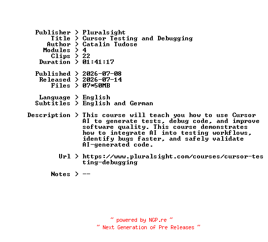 NFO for the release Pluralsight.Cursor.Testing.and.Debugging.2026.BOOKWARE-GETH by GETH