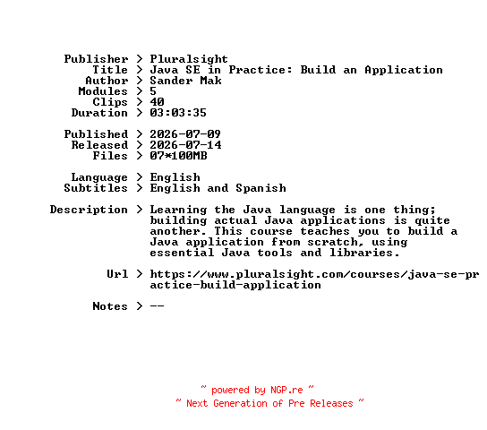 NFO for the release Pluralsight.Java.SE.in.Practice.Build.an.Application.2026.BOOKWARE-GETH by GETH