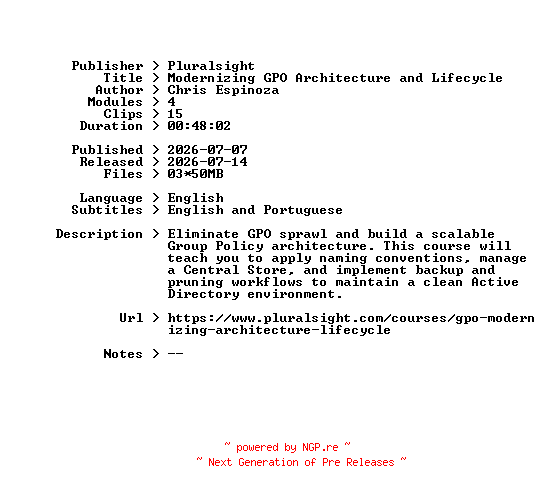 NFO for the release Pluralsight.Modernizing.GPO.Architecture.and.Lifecycle.2026.BOOKWARE-GETH by GETH