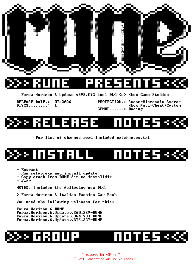 NFO for the release Forza.Horizon.6.Update.v398.092.incl.DLC-RUNE by RUNE