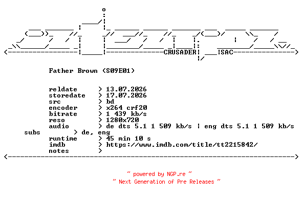 NFO for the release Father.Brown.2013.S09E01.German.DL.720p.BluRay.x264-iNTENTiON by iNTENTiON