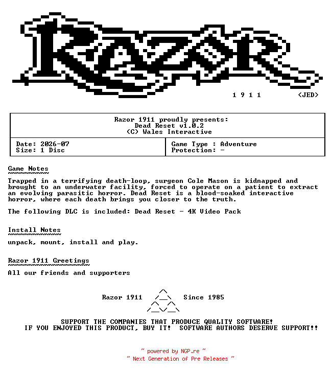 NFO for the release Dead_Reset_v1.0.2-Razor1911 by Razor1911