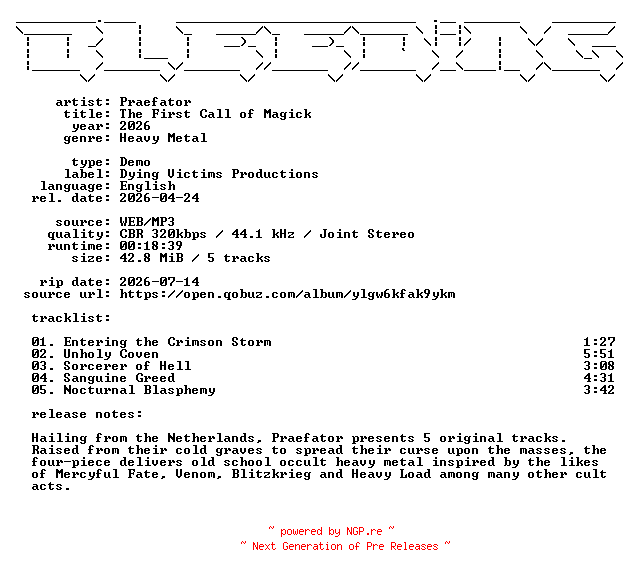 NFO for the release Praefator-The_First_Call_of_Magick-Demo-WEB-2026-BLEEDiNG by BLEEDiNG