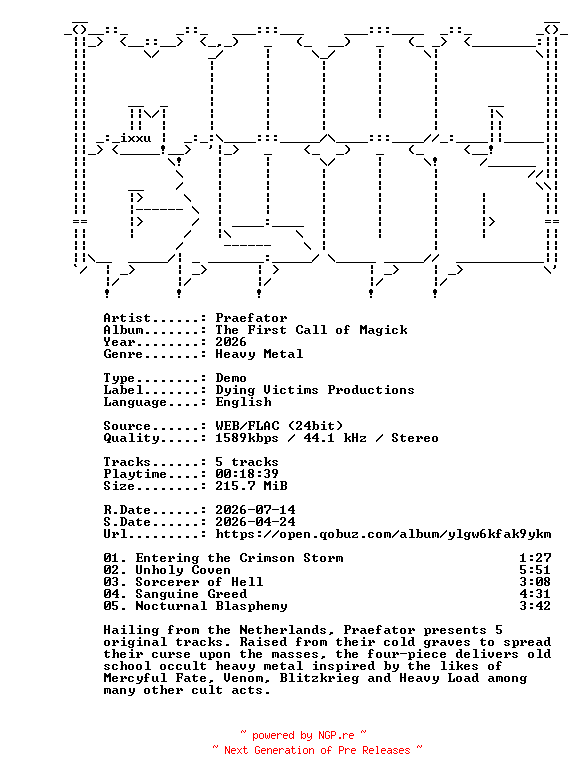 NFO for the release Praefator-The_First_Call_of_Magick-DEMO-24BIT-WEB-FLAC-2026-MOONBLOOD by MOONBLOOD