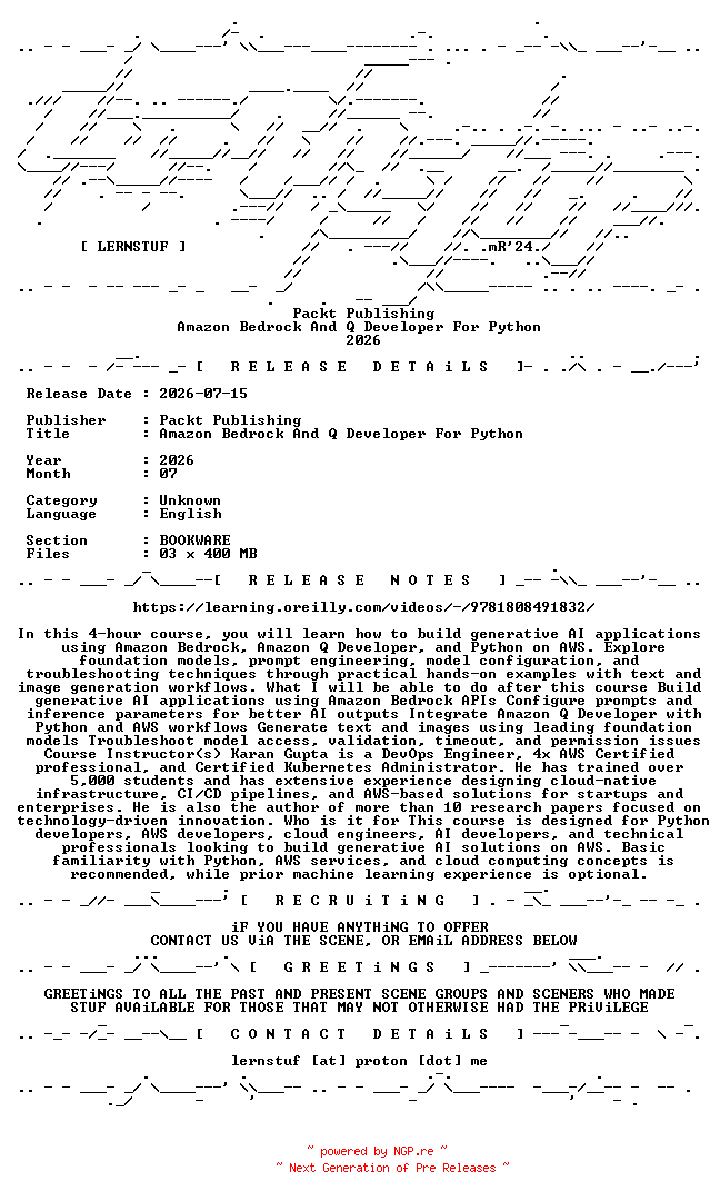 NFO for the release Packt.Publishing.-.Amazon.Bedrock.And.Q.Developer.For.Python.2026.BOOKWARE-LERNSTUF by LERNSTUF