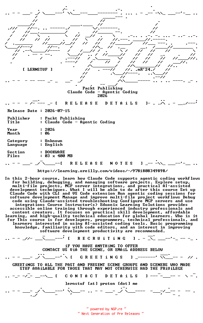 NFO for the release Packt.Publishing.-.Claude.Code.-.Agentic.Coding.2026.BOOKWARE-LERNSTUF by LERNSTUF