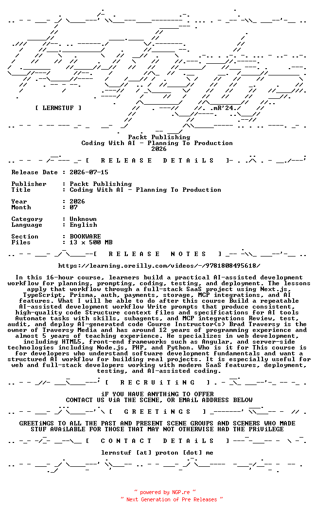 NFO for the release Packt.Publishing.-.Coding.With.AI.-.Planning.To.Production.2026.BOOKWARE-LERNSTUF by LERNSTUF