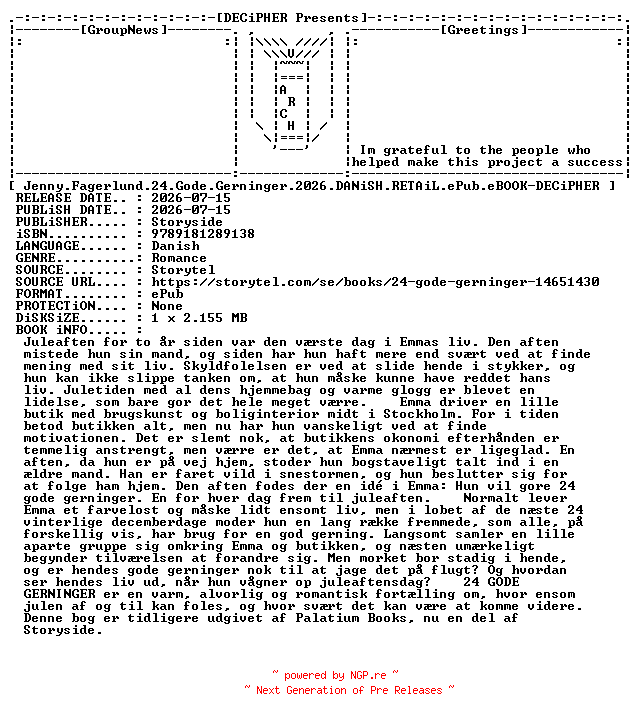 NFO for the release Jenny.Fagerlund.24.Gode.Gerninger.2026.DANiSH.RETAiL.ePub.eBOOK-DECiPHER by DECiPHER