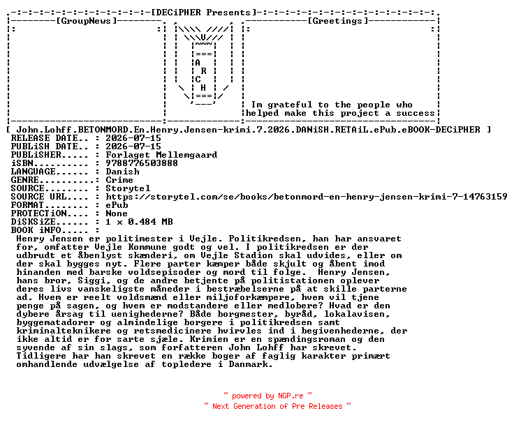 NFO for the release John.Lohff.Betonmord.En.Henry.Jensen.Krimi.7.2026.DANiSH.RETAiL.ePub.eBOOK-DECiPHER by DECiPHER