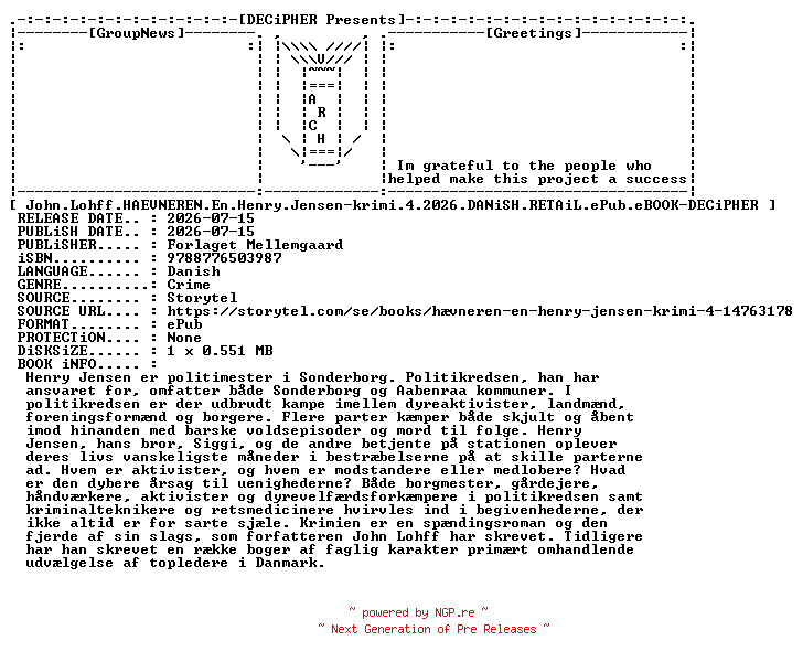 NFO for the release John.Lohff.Haevneren.En.Henry.Jensen.Krimi.4.2026.DANiSH.RETAiL.ePub.eBOOK-DECiPHER by DECiPHER