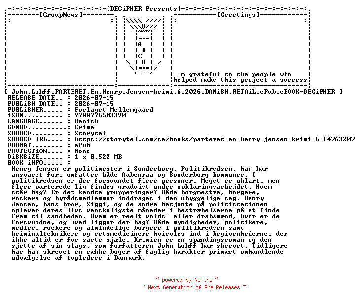 NFO for the release John.Lohff.Parteret.En.Henry.Jensen.Krimi.6.2026.DANiSH.RETAiL.ePub.eBOOK-DECiPHER by DECiPHER