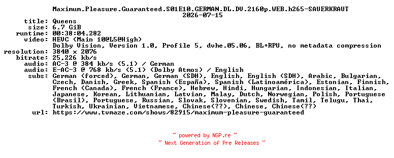 NFO for the release Maximum.Pleasure.Guaranteed.S01E10.GERMAN.DL.DV.2160p.WEB.h265-SAUERKRAUT by SAUERKRAUT