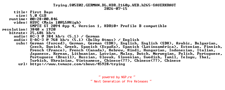 NFO for the release Trying.S05E02.GERMAN.DL.HDR.2160p.WEB.h265-SAUERKRAUT by SAUERKRAUT