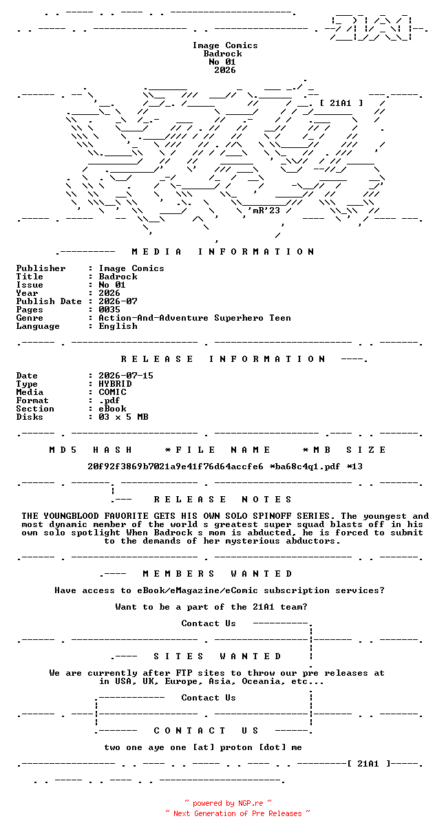 NFO for the release Image.Comics.-.Badrock.No.01.2026.HYBRID.COMIC.eBook-21A1 by 21A1