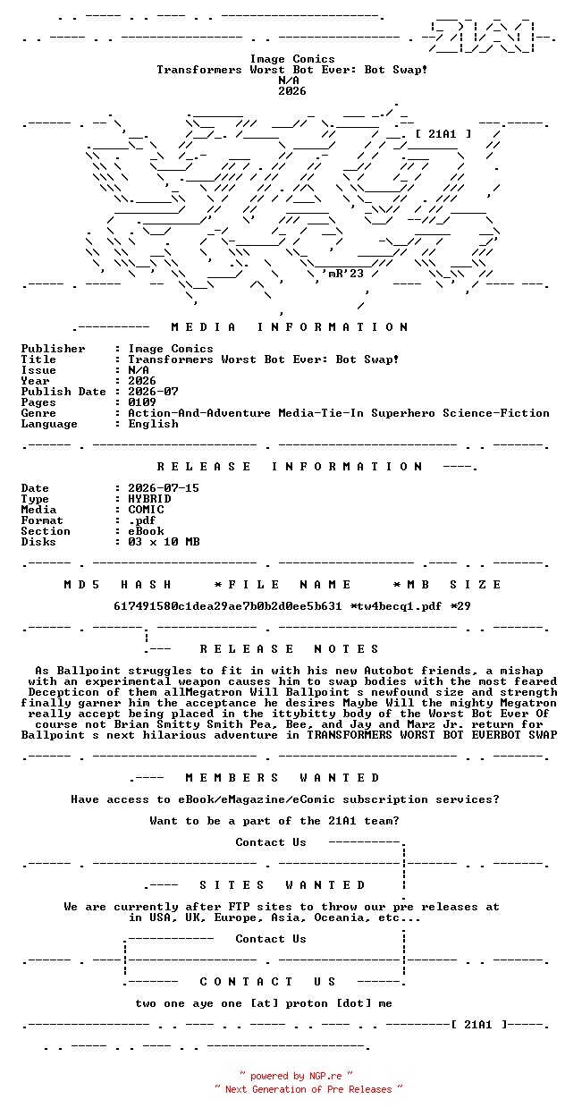 NFO for the release Image.Comics.-.Transformers.Worst.Bot.Ever.Bot.Swap.2026.HYBRID.COMIC.eBook-21A1 by 21A1