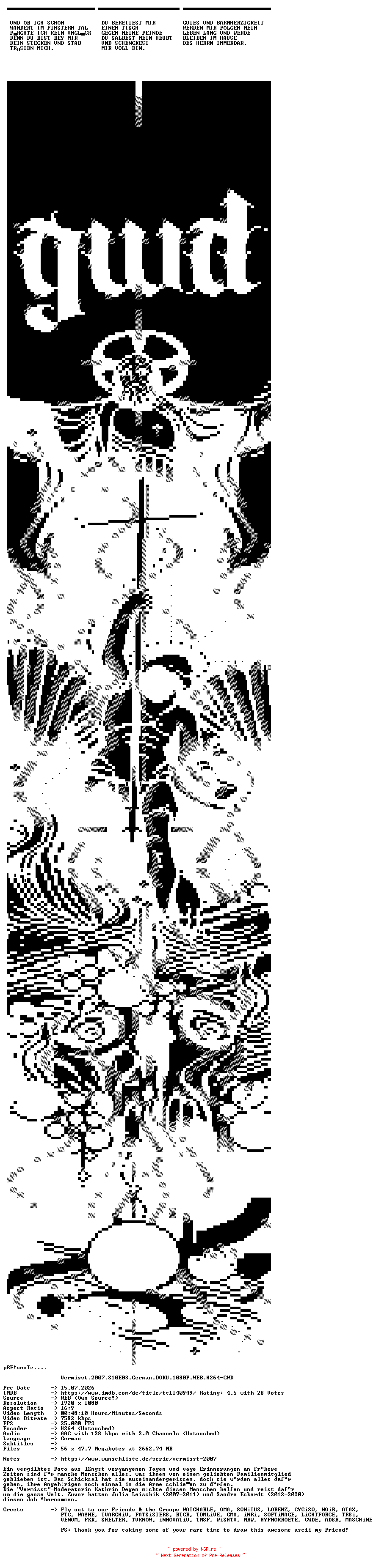 NFO for the release Vermisst.2007.S10E03.German.DOKU.1080P.WEB.H264-GWD by GWD