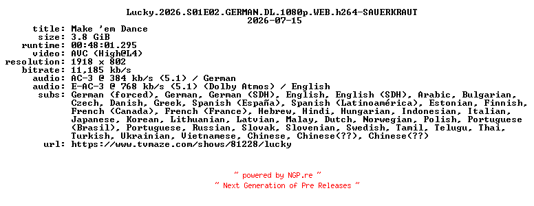 NFO for the release Lucky.2026.S01E02.GERMAN.DL.1080p.WEB.h264-SAUERKRAUT by SAUERKRAUT