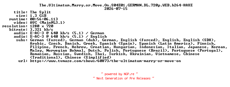 NFO for the release The.Ultimatum.Marry.or.Move.On.S04E01.GERMAN.DL.720p.WEB.h264-HAXE by HAXE