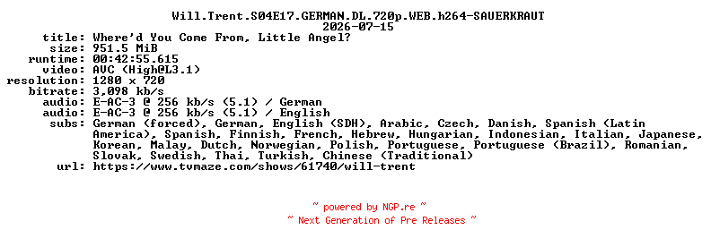NFO for the release Will.Trent.S04E17.GERMAN.DL.720p.WEB.h264-SAUERKRAUT by SAUERKRAUT
