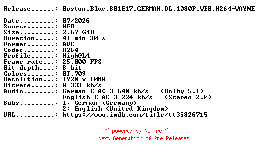 NFO for the release Boston.Blue.S01E17.GERMAN.DL.1080P.WEB.H264-WAYNE by WAYNE