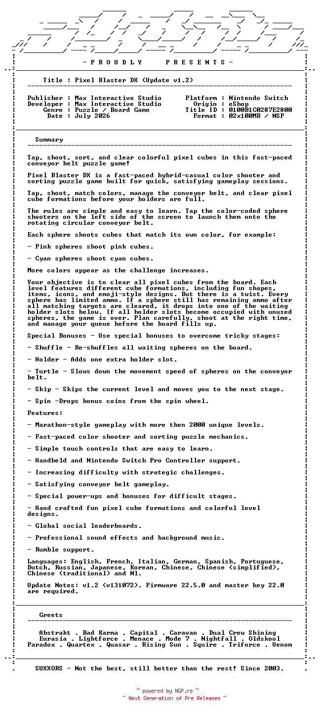 NFO for the release Pixel_Blaster_DX_Update_v1.2_NSW-SUXXORS by SUXXORS