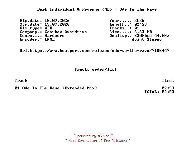 NFO for the release Dark_Individual_And_Revenge_(NL)_-_Ode_To_The_Rave-(GBO179)-SINGLE-WEB-2026-FMC by FMC