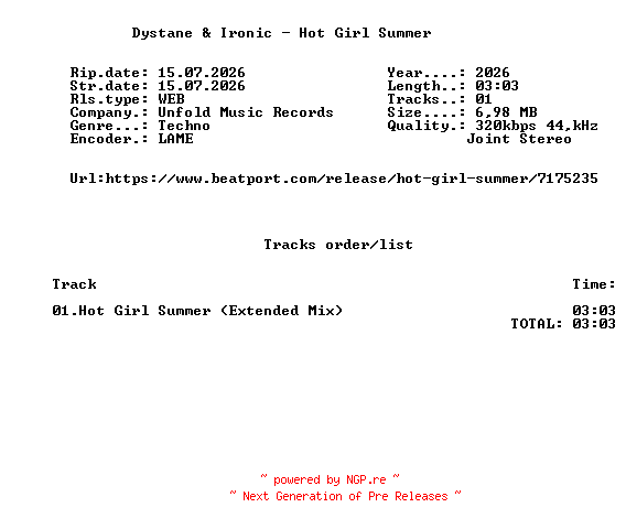 NFO for the release Dystane_And_Ironic_-_Hot_Girl_Summer-(UNFR189E)-SINGLE-WEB-2026-FMC by FMC