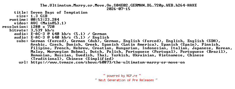 NFO for the release The.Ultimatum.Marry.or.Move.On.S04E02.GERMAN.DL.720p.WEB.h264-HAXE by HAXE