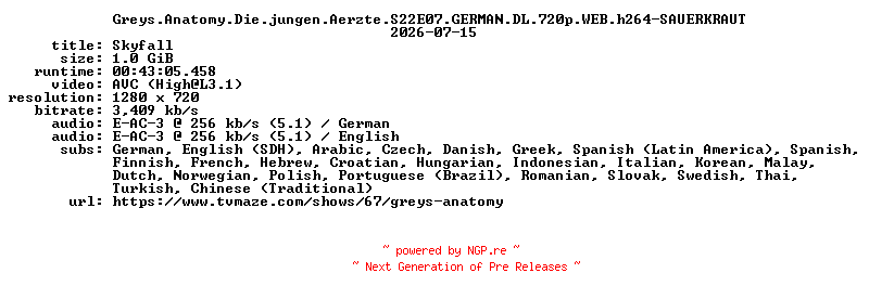 NFO for the release Greys.Anatomy.Die.jungen.Aerzte.S22E07.GERMAN.DL.720p.WEB.h264-SAUERKRAUT by SAUERKRAUT