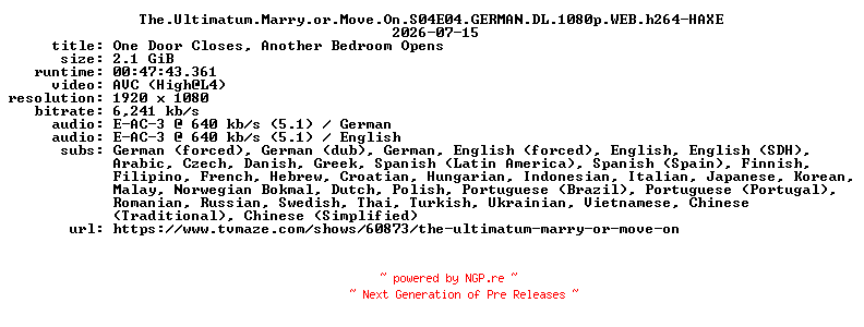 NFO for the release The.Ultimatum.Marry.or.Move.On.S04E04.GERMAN.DL.1080p.WEB.h264-HAXE by HAXE