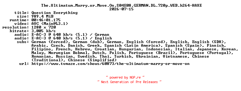 NFO for the release The.Ultimatum.Marry.or.Move.On.S04E08.GERMAN.DL.720p.WEB.h264-HAXE by HAXE