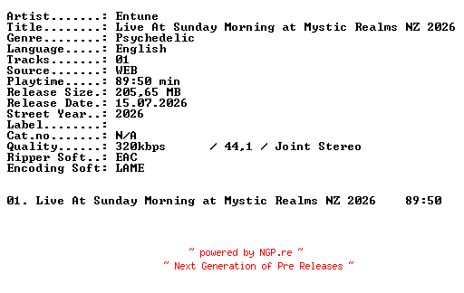 NFO for the release Entune-Live_At_Sunday_Morning_at_Mystic_Realms_NZ_2026-WEB-2026-XTC_iNT by XTC_iNT