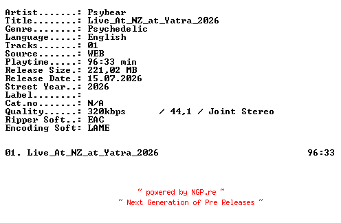 NFO for the release Psybear-Live_At_NZ_at_Yatra_2026-WEB-2026-XTC_iNT by XTC_iNT