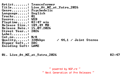 NFO for the release Tranceformer-Live_At_NZ_at_Yatra_2026-WEB-2026-XTC_iNT by XTC_iNT
