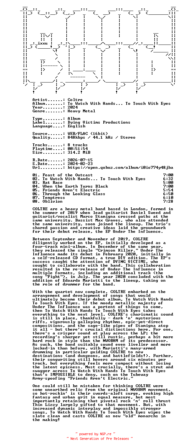 NFO for the release Coltre-To_Watch_With_Hands_To_Touch_With_Eyes-16BIT-WEB-FLAC-2024-MOONBLOOD by MOONBLOOD