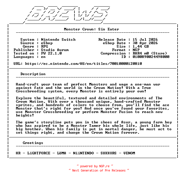 NFO for the release Monster_Crown_Sin_Eater_NSW-BREWS by BREWS