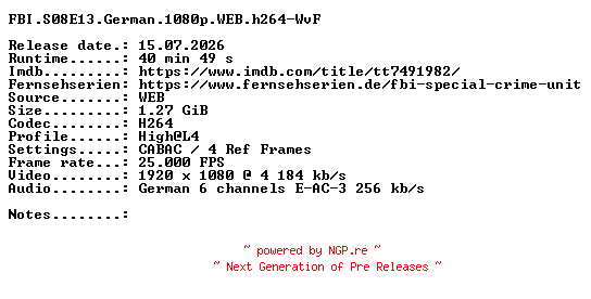 NFO for the release FBI.S08E13.German.1080p.WEB.h264-WvF by WvF