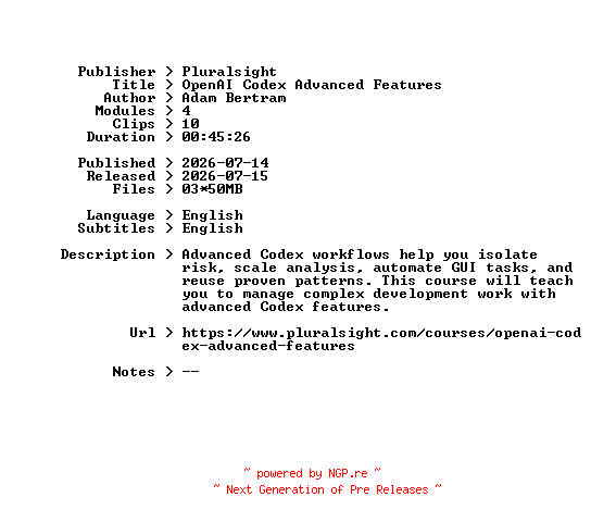 NFO for the release Pluralsight.OpenAI.Codex.Advanced.Features.2026.BOOKWARE-GETH by GETH