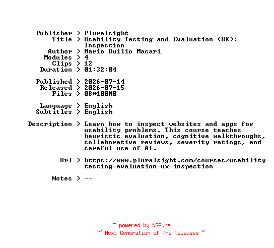 NFO for the release Pluralsight.Usability.Testing.and.Evaluation.UX.Inspection.2026.BOOKWARE-GETH by GETH