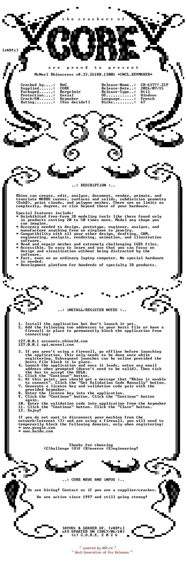 NFO for the release McNeel.Rhinoceros.v8.33.26188.13001.x64.French.Incl.Keymaker-CORE by CORE