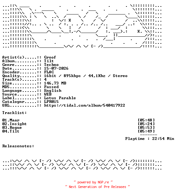 NFO for the release Groof-Tilt-LPR015-16BIT-WEB-FLAC-2026-WAVED by WAVED